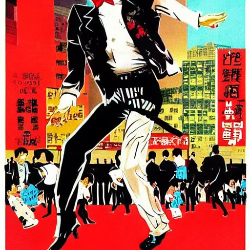 Image similar to glossy old advertising poster, michael jackson moonwalking!!!!! through crowded hong kong street, vendors, zombies, drawn comic by junji ito, pastels, gradient