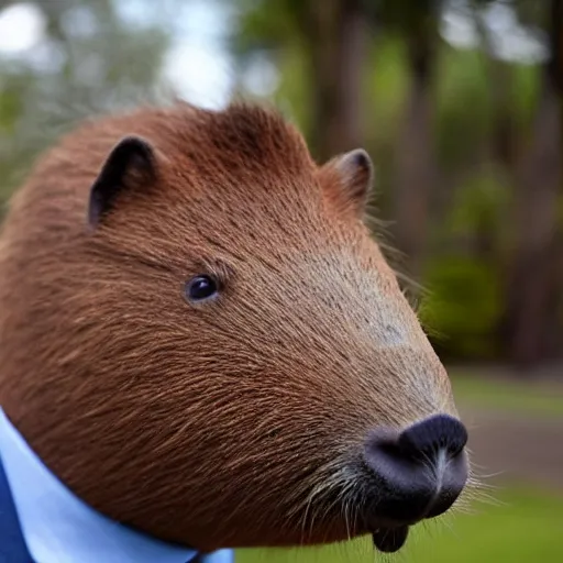 Image similar to capybara head, a man wearing a suit capybara head (smoking cigar)