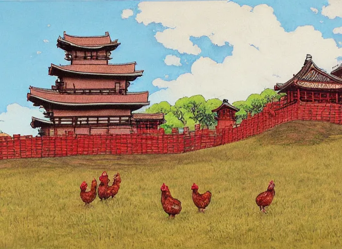 Image similar to red and brown japanese fort in a meadow with chickens by studio ghibli painting