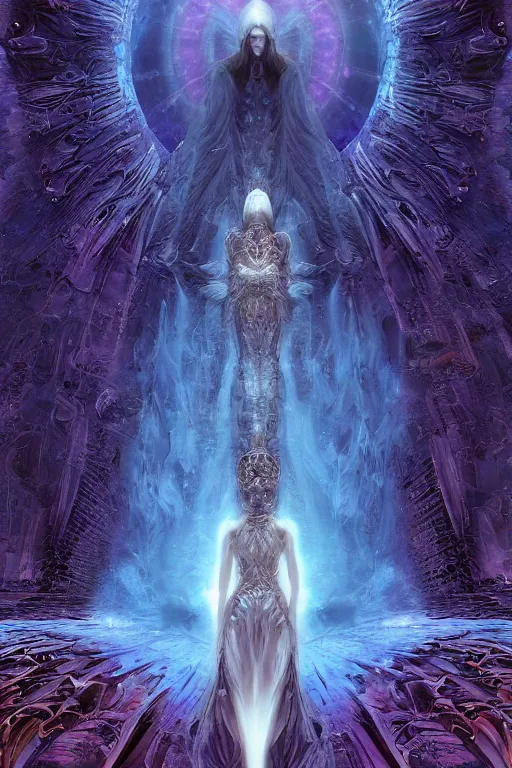 Image similar to heartbreaking portrait of cosmic angel queen at the entrance of a stunning stargate - portal to the unknown universe by wayne barlowe, james jean, yoji shinkawa, yoshitaka amano, craig mullins, sense of wonder, intricate beautiful cosmic opal filigree details, 8 k octane render, cinematic lighting,