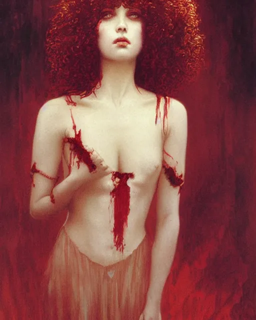 Image similar to a beautiful but sinister girl in layers of fear, with haunted eyes and curly hair, 1 9 7 0 s, seventies, delicate embellishments, a little blood, crimson, painterly, offset printing technique, by alexandre cabanel