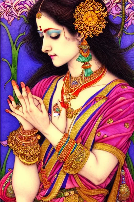 Prompt: beautiful and playful ginger hindu dancer, art nouveau, fantasy, intricate indian flower designs, elegant, delicate hands, highly detailed, sharp focus, art by chie yoshii