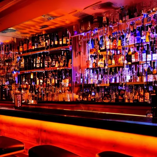 Image similar to a full shot of a bar with orange lighting, nighttime