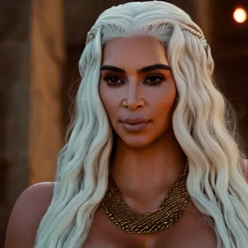 Image similar to kim kardashian as daenerys targaryen golden hour cinematic