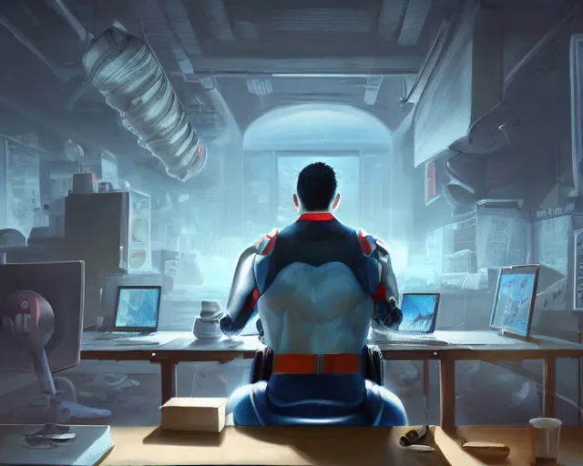 Image similar to an insanely detailed painting of a nerdy asian man wearing a superhero costume, sitting at a desk, staring at the nervously at the computer and typing, in the style of peter mohrbacher, dramatic lighting and composition, octane render, pixar, trending on artstation, concept art, comic book, view from behind