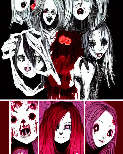 Image similar to horror acid colors, a dark picture comic featuring blood horror and goth anime girls, anime vampires, evil horror vibes