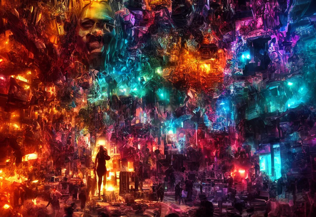 Image similar to cinematic shot epic hall of creatives, walls of large moving images, hyper realistic, mood lighting, fantasy, detailed people creating colorful diverse art, highly detailed, super realistic, perfect lighting pixel sorting, style sheet