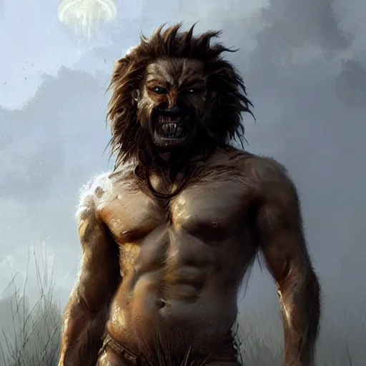 Image similar to Portrait of a rugged werewolf, male, muscular, detailed face, bare thighs!!!, tribal clothing!!!!!, fantasy, medieval, highly detailed, cinematic lighting, digital art painting by greg rutkowski