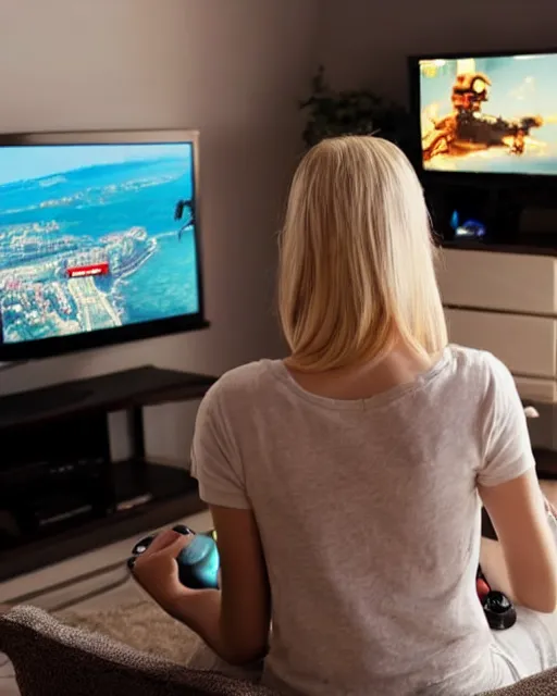 Image similar to view from behind of a cute beautiful blonde woman playing game, holding controller, watching television displaying call of duty, intricate detail, cinematic composition