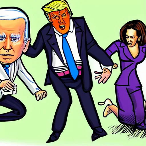 Image similar to an ultra detailed picture portrait of Donald Trump kicking Joe Biden and Kamala Harris out of the white house 8k, photorealistic, Smooth,