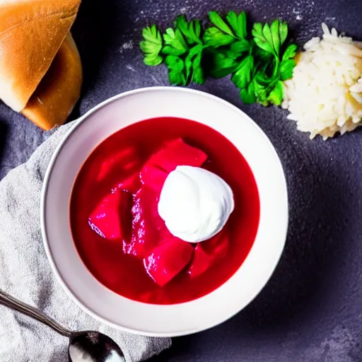 Image similar to a bowl of borscht wearing cat ears, award winning food photo, 4 k, delicious, polish food, high quality