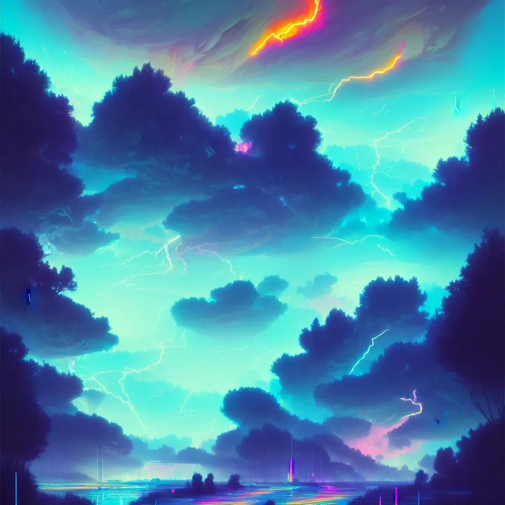 Image similar to a data-center, connector, firewall, cloud, security, river, trees, thunderstorm, trending on Artstation, painting by Jules Julien, Leslie David and Lisa Frank and Peter Mohrbacher and Alena Aenami and Dave LaChapelle muted colors with minimalism