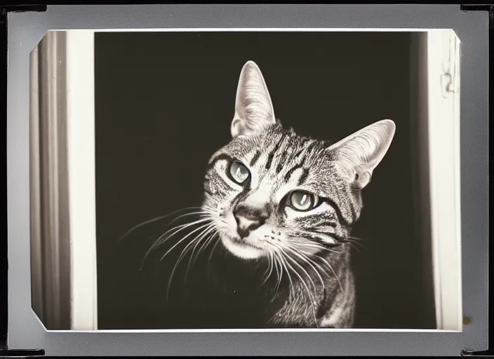 Image similar to photography polaroid of a Jack Cat . watching outside the window. on a bed. in a 70's room full of vinyls and posters, photorealistic, award winning photo, 100mm, sharp, high res