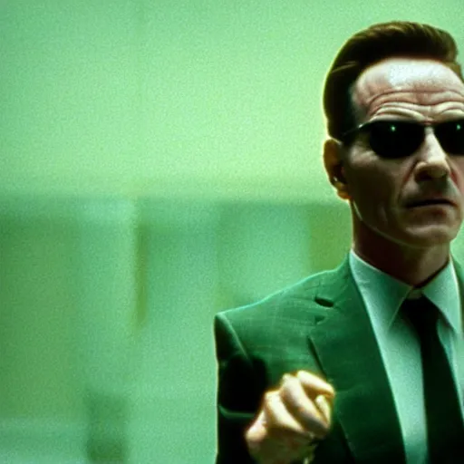 Prompt: film still of Bryan Cranston as Neo in The Matrix (1999), light green tint, film grain, dof