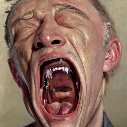 Image similar to high quality high detail painting of a man screaming in agony by lucian freud and michael hussar and jenny saville and francis bacon, hd, anxiety