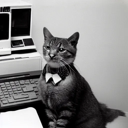 Image similar to a 80s Polaroid of a cat with a suit working at a Macintosh computer inside an office