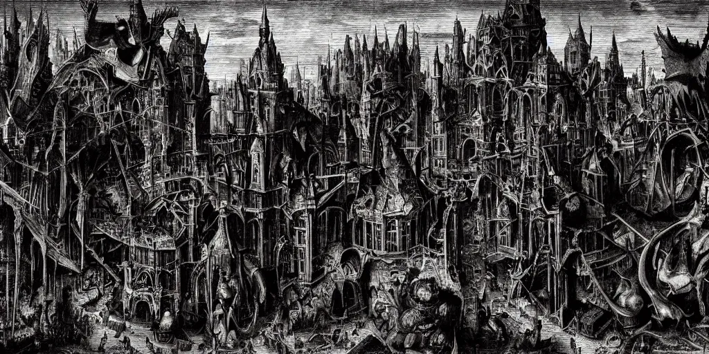 Image similar to demonic gothic megastructure in the style of heironymus bosch, dark intricate masterpiece, hyper detailed, hd