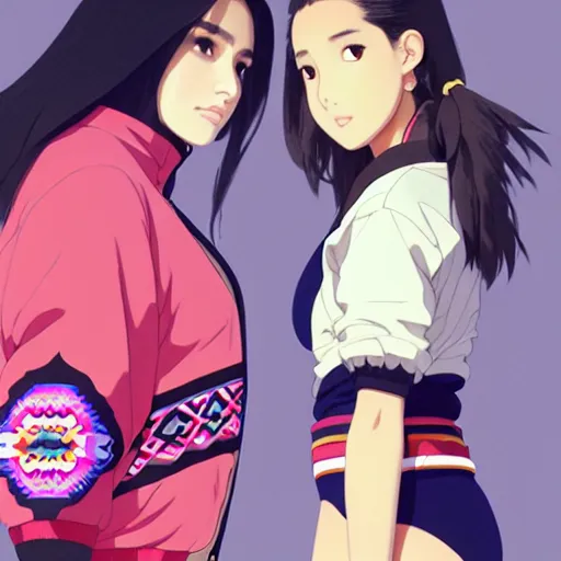 Image similar to a beautiful plus sized model japanese natalie portman, alluring, wearing oversized mayan bomber jacket and leotard with overalls, bulky poofy bomber jacket with mayan patterns, aztec street fashion, gapmoe yandere grimdark, trending on pixiv fanbox, painted by greg rutkowski makoto shinkai takashi takeuchi studio ghibli, akihiko yoshida