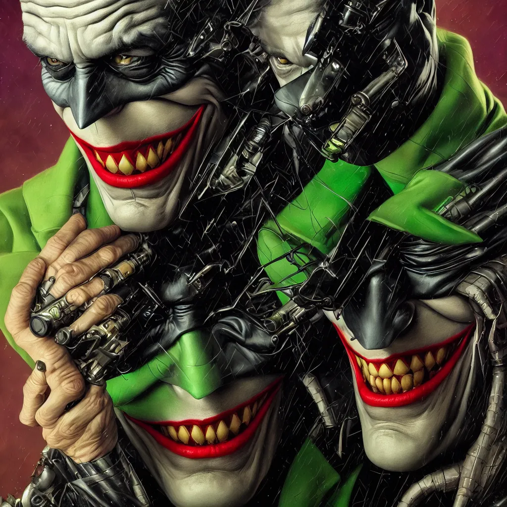 Image similar to a portrait of batman, the joker, robin, the riddler, the scarecrow, twoface, batmobile by karol bak, james jean, tom bagshaw, rococo, sharp focus, trending on artstation, cinematic lighting, hyper realism, octane render, 8 k, hyper detailed, vivid, ultra detailed, highly detailed