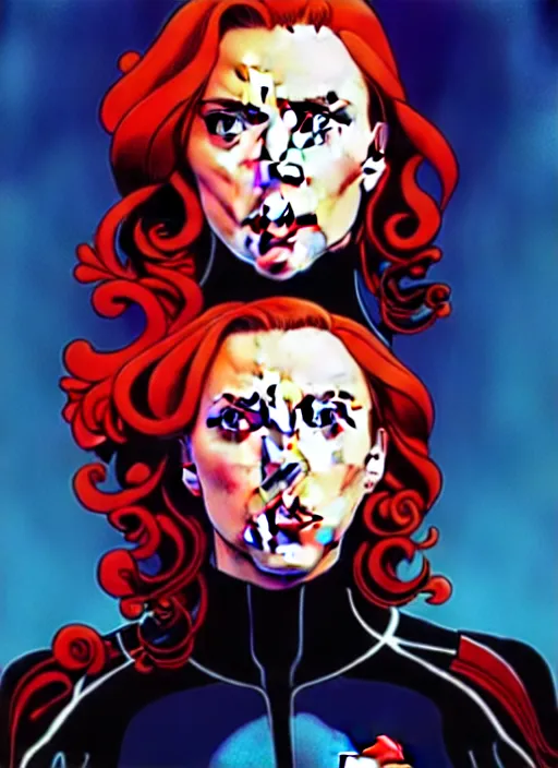 Image similar to rafeal albuquerque comic art, joshua middleton comic art, artgerm, cinematics lighting, night time, pretty scarlett johansson black widow, big smirk, symmetrical face, symmetrical eyes, long red hair, full symmetrical body, flying in the air, jumping off rooftop