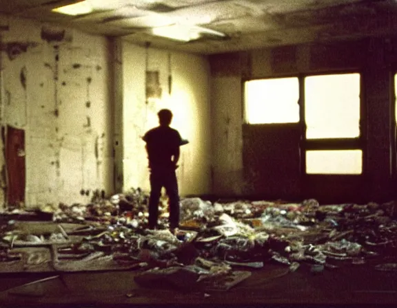 Prompt: medium size room with figure film still 1 9 9 2 industrial chaos terror