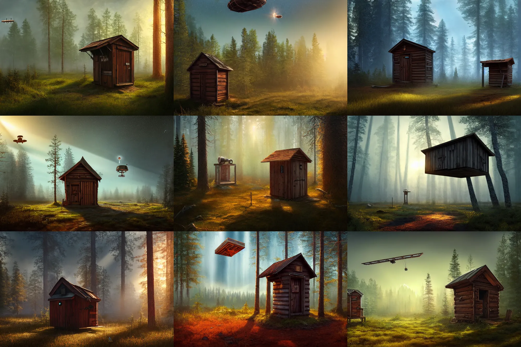 Prompt: a wood outhouse with a spaceship hovering above it, finnish forest, rust, hyperrealistic, highly detailed, cinematic, single ray of sun, fog, beautiful, cgssociety, artstation, 8 k, oil painting