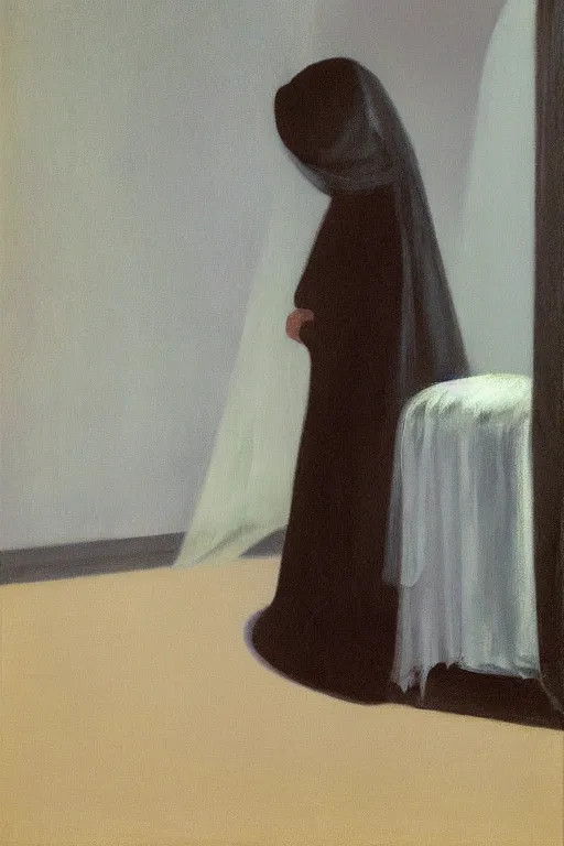 Prompt: woman behind a chair, face covered with veil, fog, early morning, , painted by Edward Hopper and Francis Bacon, painted by Wayne Barlow, airbrush