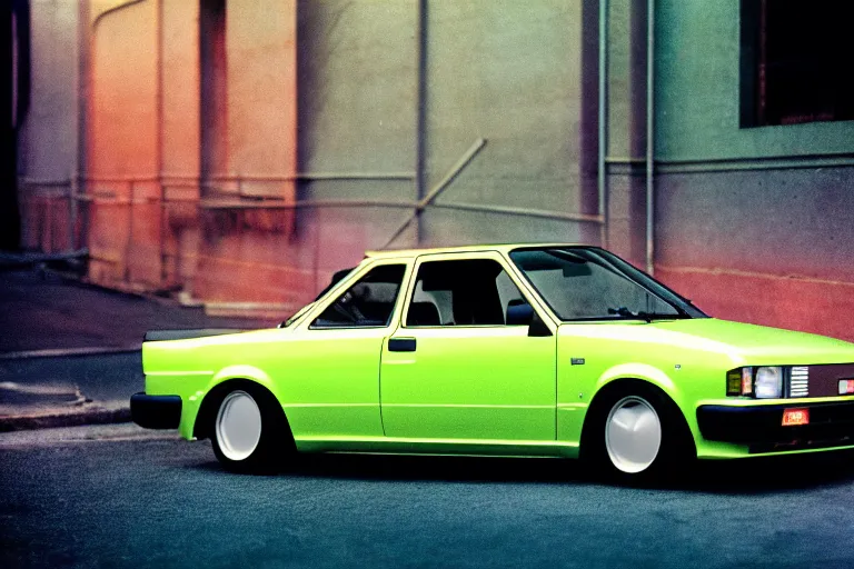 Prompt: designed by giorgetto giugiaro 1 9 5 5 ae 8 6 corolla gts, thick neon lights, ektachrome photograph, volumetric lighting, f 8 aperture, cinematic eastman 5 3 8 4 film