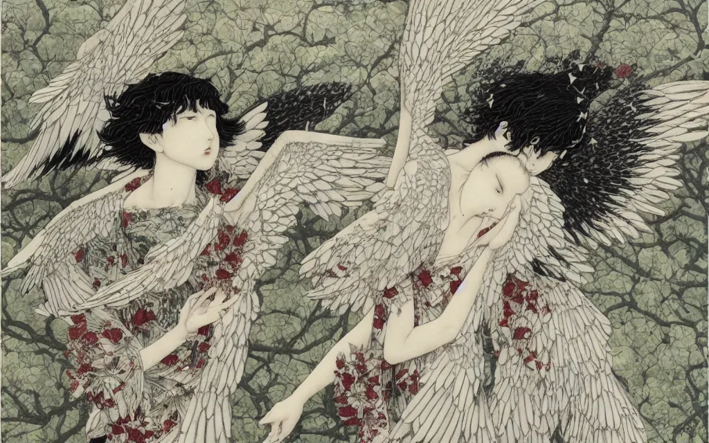 Prompt: vision of angels with a broken wing, trying to fly by andre leblanc and takato yamamoto, smokey