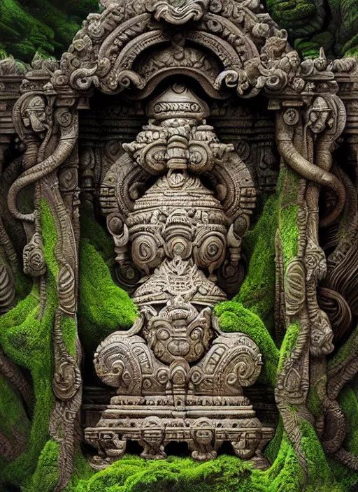 Image similar to wide angle shot hindu temple stone carvings, intricate, mossy, overgrown, elegant, highly detailed, centered, digital painting, artstation, concept art, smooth, sharp focus, illustration, artgerm, tomasz alen kopera, peter mohrbacher, donato giancola, joseph christian leyendecker, wlop, boris vallejo