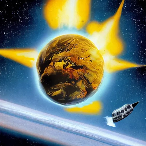 Image similar to Film publicity poster for 1970s disaster movie of Earth being stuck by asteroid