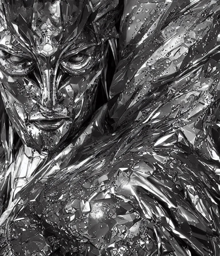 Prompt: closeup of court jester!!, ominous complex intricate polished holographic platinum cyborg bionic futurism fantasy art angular cyberpunk art concept, holographic metallic fluid polygonal shards, ultrafine detailed painting by cedric seaut android jones artgerm greg rutkowski gustave dore, cgsociety, trending on zbrush central darksynth sharp focus 8 5 mm f 1. 8 ray tracing