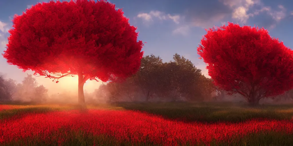 Image similar to a big red tree in the middle of a battlefield near a bunch of red flowers at sunrise, hyperrealistic, concept art, octane render, unreal engine 5, trending on Artstation, high quality, 8K, dramatic lighting, cinematic, high coherence, highly detailed, Midjourney style, epic scene, path traced, low contrast, complementary colors