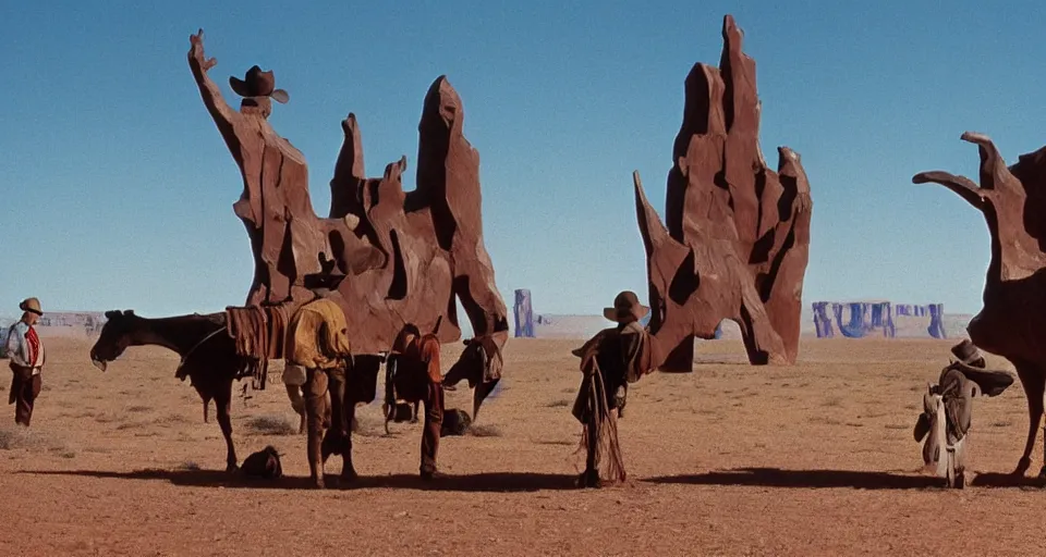 Prompt: film still showing cowboys looking at a gigantic abstract sculpture in the desert directed by Sergio Leone, western, monument valley, cinemascope, technicolor