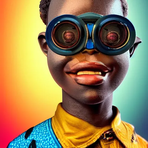 Prompt: colourful vfx upper half - portrait - art of a nigerian boy wearing steam punk goggles, art by katsuhiro otomo & james jean, digital render, digital illustration, concept art, caricature, volumetric light, ray tracing, symmetrical, unreal engine, octane 3 d render, sharp, detailed, intricate detail, pinterest, behance, art station,
