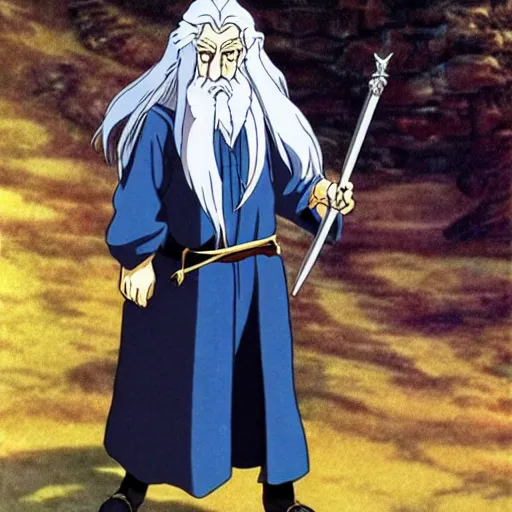 Image similar to gandalf from the anime lord of the rings (1986), studio ghibli, very detailed, hyperrealistic