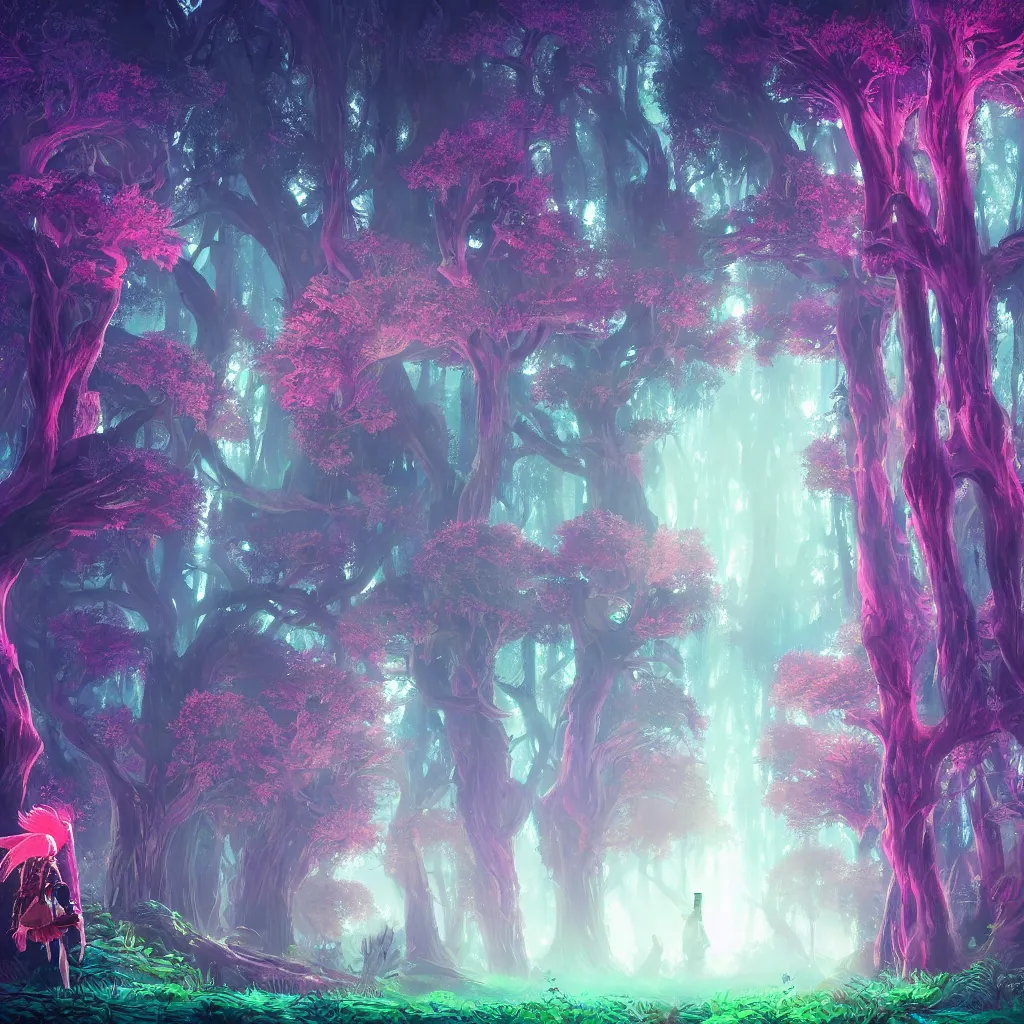 Image similar to huge trees, misty nighttime. radiating colorful energy. photorealistic, moody atmosphere, volumetric shading, holographic undertones, intricate and detailed, vivid dreamlike colors. ori and the blind forest, breath of the wild style, by miyazaki ghibli!!!. trending on artstation. award winning, daily deivation. pastel!! pink accents.