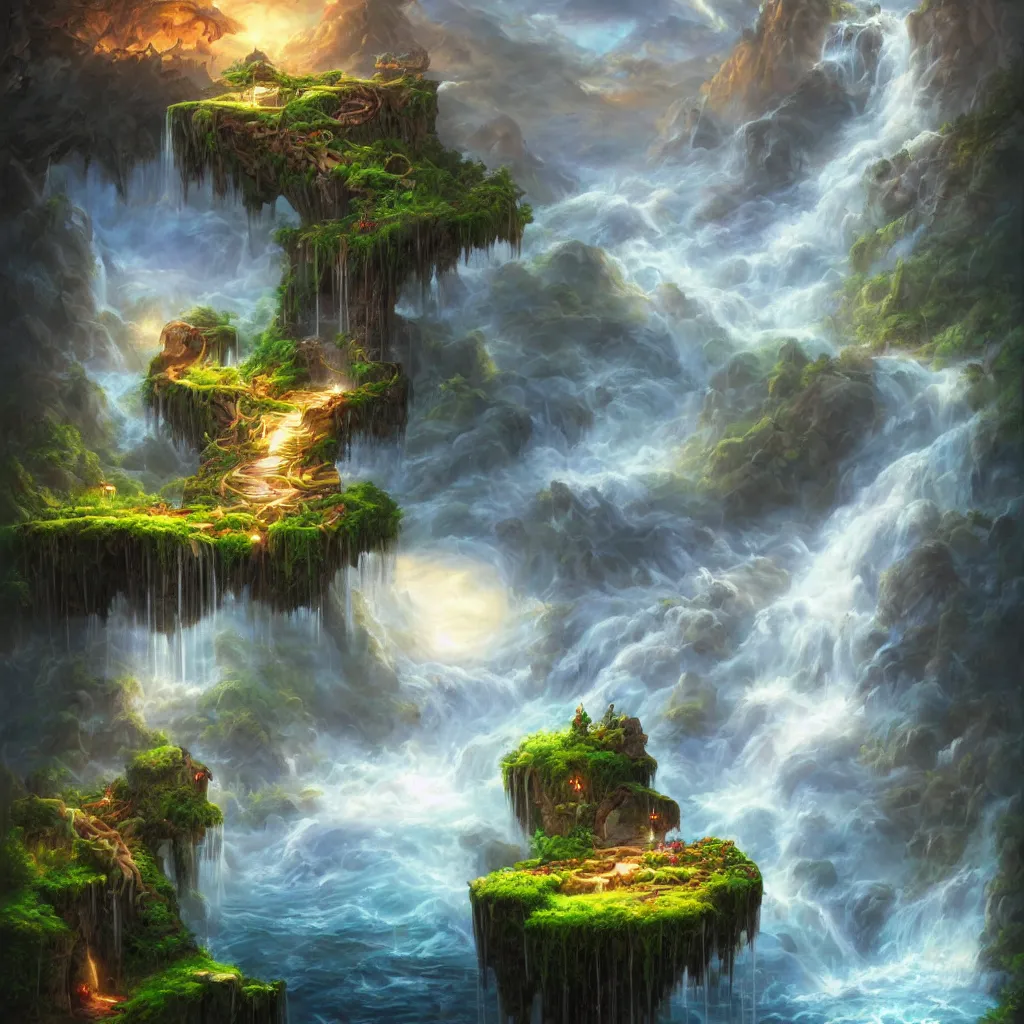 Prompt: a floating island with a waterfall flowing into a valley, stormy, landscape, fantasy, oil on canvas, Jeremiah Morelli, Tony Sart,