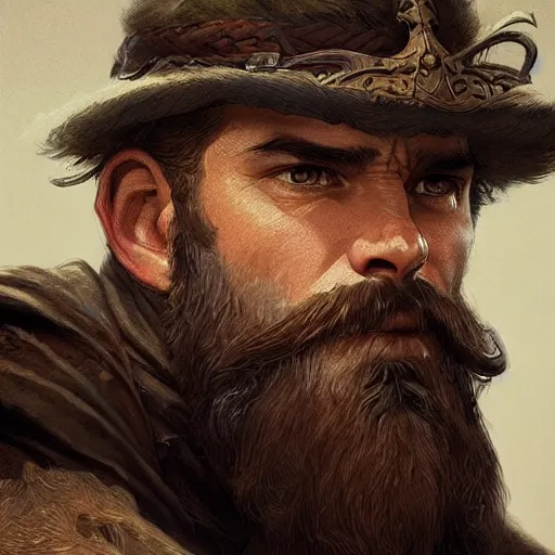 Image similar to portrait of a rugged bearded male ranger, D&D, fantasy, intricate, elegant, highly detailed, digital painting, artstation, concept art, smooth, sharp focus, illustration, art by artgerm and greg rutkowski and alphonse mucha
