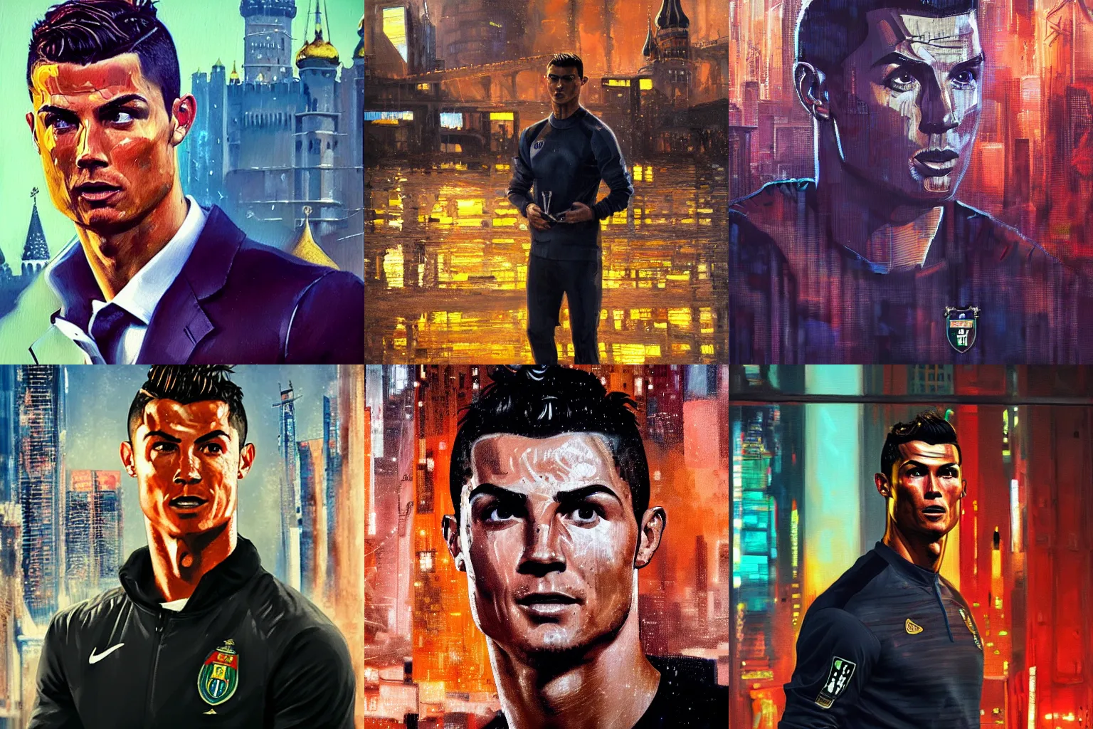 Prompt: portrait of Cristiano Ronaldo against the background of the cyberpunk Kremlin. oil painting by Nuri Ayem James Gurney James Gene Greg Rutkowski with high detail and soft lighting