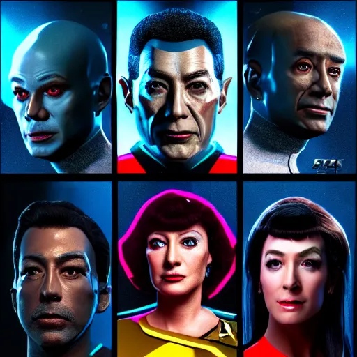 Image similar to Star Trek TNG crew portrait photo, Cyberpunk 2049, highly detailed, pop art poster, vector art, Unreal engine, Octane render, Weta digital, HDRP, RTX, volumetric lighting