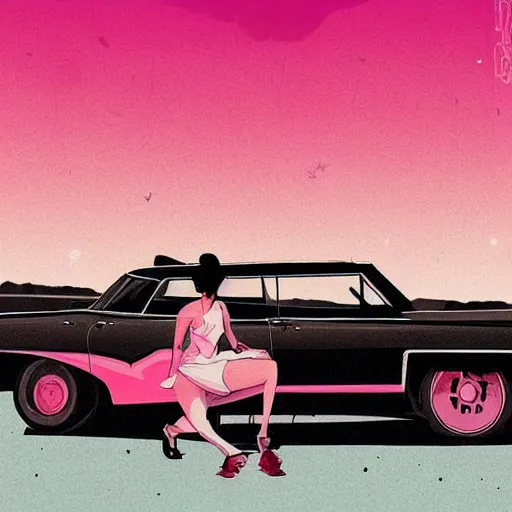 Image similar to a colorfully detailed comic noir style illustration of a beautiful woman posing next to a pink Cadillac in a post-apocalyptic desert by queens of the stone age and sachin teng, dark vibes, street art, cinematic, high contrast, depth of field