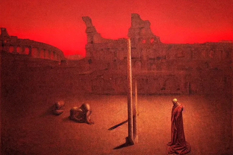 Image similar to only with red, caesar after win war, the deal, a red tiger, in hoc signo vinces, rome in background, an ancient path, in the style of beksinski, part by hopper, part by rodcenko, part by hofbauer, intricate composition, red by caravaggio, insanely quality, highly detailed, masterpiece, red light, artstation