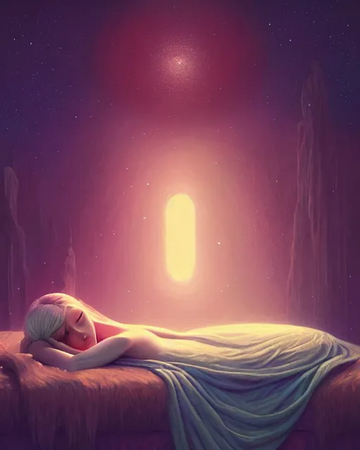Prompt: beautiful painting of a elven sleeping on her bed, poster art by mor than, cgsociety, space art, sci - fi, cosmic horror, sense of awe, art by mike winkelmann, sky night, illustration, highly detailed, simple, smooth and clean vector curves, no jagged lines, vector art, smooth, artstation