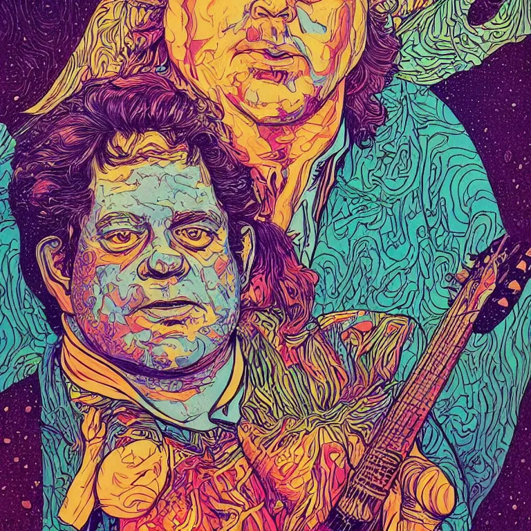 Image similar to beautiful colorful hyperrealist highly detailed psychedelic music poster'the floating head of patton oswalt ', psychedelic art nouveau, beautiful high contrast colored wood engraving, moebius comic style, shocking detail trending on artstation 8 k