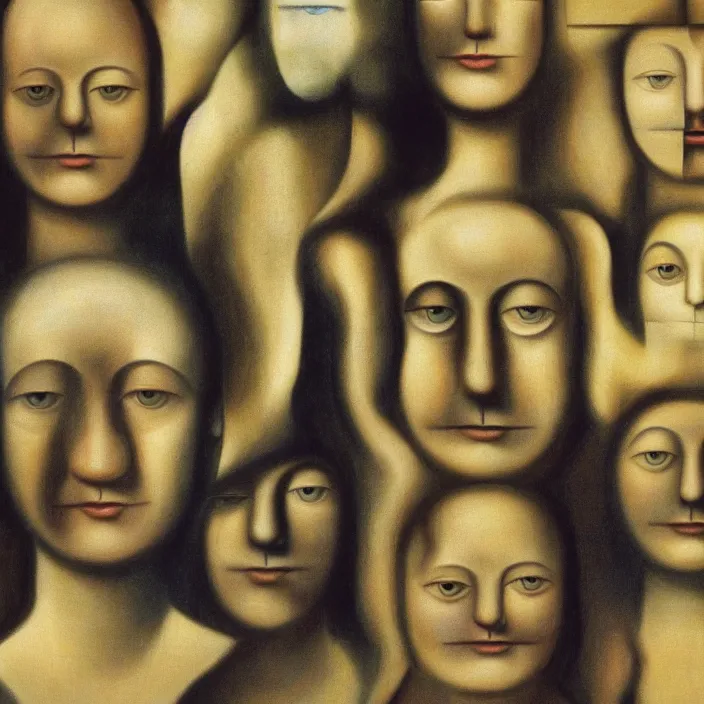 Image similar to group of people pictured in afternoon light, close - up of the faces, anatomically and proportionally correct, surrealist oil painting by dora maar and rene magritte, detailed