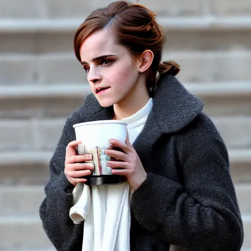 Prompt: photo of a cold emma watson holding a cup of warm milk, cozy