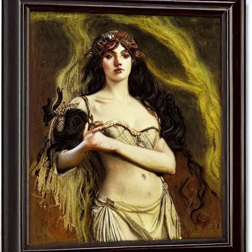 Image similar to portrait of persephone as goddess of death, action heroine by alfred stevens