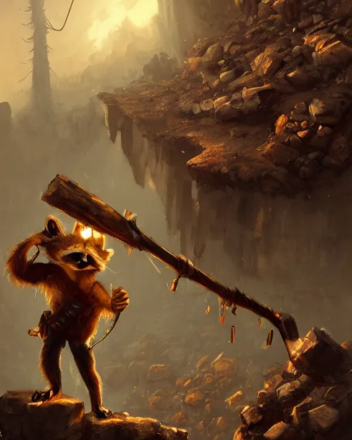 Prompt: oil painting of poor anthropomorphized raccoon miner mining gold, pickaxe, close shot, full body, dark steampunk mine shaft background, sharp focus, fantasy style, octane render, volumetric lighting, 8k high definition, by greg rutkowski, highly detailed, trending on art Station, dungeons and dragons artwork, centered