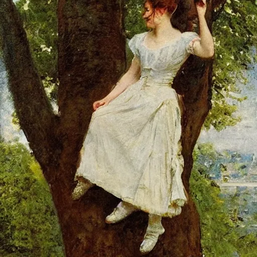 Image similar to young victorian lady climbing a tree, painted by alfred stevens